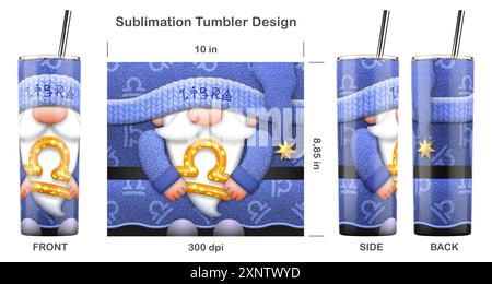 LIBRA-Zodiac-Gnom mit Zodiac-Zeichen. Nahtlose Sublimationsschablone für dünnen 20-ml-Becher. Sublimationsdarstellung. Nahtlos von Kante zu Kante. Stockfoto