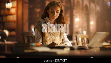 Serene Young Woman konzentrierte sich auf das Schreiben von Notizen in einer klassischen Bibliothek, umgeben von antiken Büchern. Kaukasische Studentin mit Laptop für E-Learning in einer historischen akademischen Umgebung Stockfoto