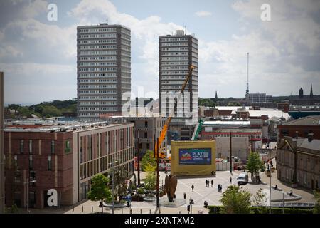 Ein Blick aus der Vogelperspektive auf den Keel Square im Stadtzentrum von Sunderland, wo das Riverside Viertel der Stadt im Zuge der Stadtdurchführung verändert wird Stockfoto