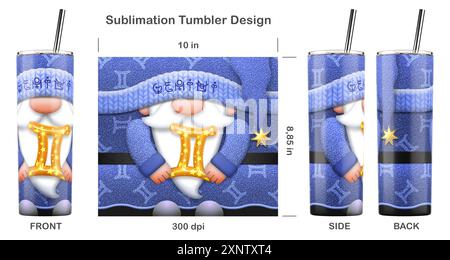 GEMINI-Zodiac-Gnom mit Zodiac-Zeichen. Nahtlose Sublimationsschablone für dünnen 20-ml-Becher. Sublimationsdarstellung. Nahtlos von Kante zu Kante. Stockfoto