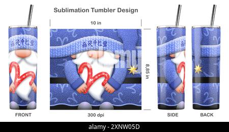 Sternzeichen-Gnom von ARIES mit Sternzeichen. Nahtlose Sublimationsschablone für dünnen 20-ml-Becher. Sublimationsdarstellung. Nahtlos von Kante zu Kante. Stockfoto