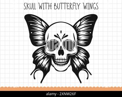 Menschlicher Schädel mit Schmetterlingsflügeln isoliert auf weiß. Vektorabbildung. Stock Vektor