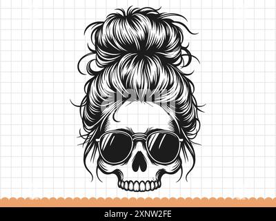Weiblicher Schädel mit Brille und unordentlichem Brötchen. Vektorabbildung. Stock Vektor