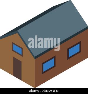 Kleines hölzernes Familienhaus mit blauen Fenstern und grauem Isometrie 3D-Symbol Stock Vektor