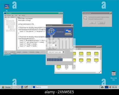 Retro-Vorlage für Computer-Betriebssysteme mit Verbindung des Benutzers mit dem DFÜ-Internet. Laden des Menüs auf einer Desktop-Oberfläche mit gelben Ordnern, Fenster mit Software-Code. Auflösung 1024 x 768 mit Bildformat 4:3 Stockfoto