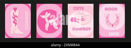 Postkarte oder Poster in rosa Farben mit Cowboyhut, Cowgirl-Howdy-Party. Vektorgrafiken. Stock Vektor