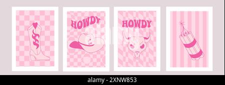 Postkarte oder Poster in rosa Farben mit Cowboyhut, Cowgirl-Howdy-Party. Vektorgrafiken. Stock Vektor