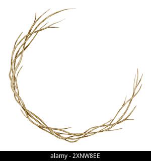 Botanischer Kranz mit Zweigen und Zweigen Aquarellillustration. Rahmen mit verdrehten Pflanzen für Herbsteinladungen und Grußkarten auf isoliertem Hintergrund. Kreisförmiger Rand für Herbstpostkarten. Stockfoto