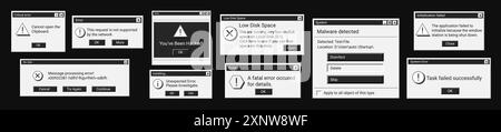 Satz von Fehlerfenstermeldungen in schwarzer Farbe. Warnung: Dunkle digitale Nachrichten im alten Stil. Stock Vektor