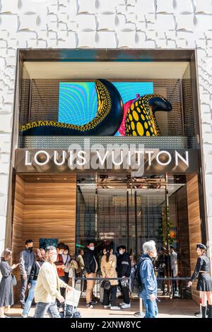 Shopper stehen vor dem Eingang zum Flaggschiff-Geschäft Louis Vuitton in der Frühlingssonne auf der berühmten Einkaufsstraße Ginza an. Stockfoto