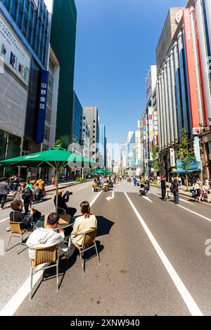 Menschen, die am Wochenende in Hokosha Tengoku, wenn die Straße für den Verkehr gesperrt ist, in der berühmten Einkaufsstraße Ginza in der Frühlingssonne spazieren gehen. Stockfoto