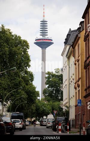 PRODUKTION - 02. August 2024, Hessen, Frankfurt/M.: Blick entlang der Konrad-Broßwitz-Straße zum Frankfurter Fernsehturm, bekannt als Europaturm oder Ginnheimer Spargel. Der Aufzugshersteller Schindler testet hier verschiedene Komponenten seiner Aufzüge. Foto: Lando Hass/dpa Credit: dpa Picture Alliance/Alamy Live News Stockfoto