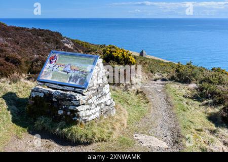 Informationsschild auf dem Weg zum ehemaligen Räumungsort Badbea, Caithness, Schottland, Vereinigtes Königreich, Stockfoto