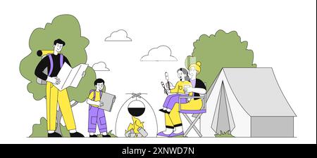 Leute mit Camping. Mann und Frau mit Kindern, die in der Nähe von Zelten sitzen. Aktiver Lebensstil und Freizeit im Freien. Familie von Touristen und Reisenden. Linear Stock Vektor