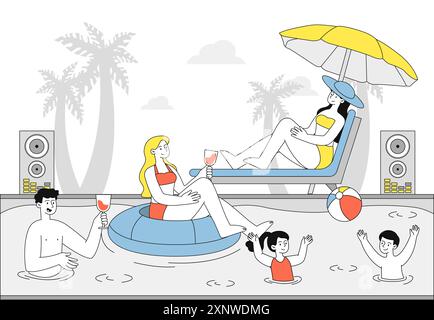 Poolparty für Leute. Mann und Frau mit Cocktails im Pool. Die Leute entspannen sich bei heißem Wetter. Urlaub und Veranstaltung in tropischen und exotischen Ländern. Linear Stock Vektor