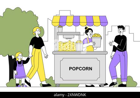 Die Leute kaufen Popcorn. Mann, Frau und Kind kaufen Süßigkeiten. Dessert und Delikatesse. Street Food-Anbieter und -Markt. Popcorn auf dem Messegelände. Linearer Vektor Stock Vektor