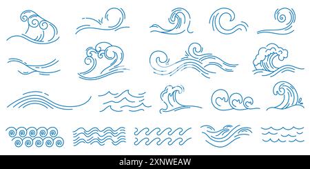 Wellen der Wasserlinie. Meereswelle mit Spritzern, blaue, wellige dekorative Formen des Ozeans. Lineare Meeresdekoration im Wasser. Abstraktes Aqua, Flüssigkeitsfluss einfache Grafiken, nautische ozeanische Surfsymbole Vektorsatz. Stock Vektor