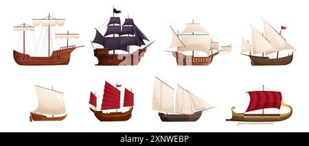 Alte Cartoon-Segelboote. Holzschiffe, Segelschiff, Windsegelboot Piraten Fregatten Kriegsschiff Langboot einfaches Schonschiff, traditionelles altes Segelboot Seegaleone, geniale Vektorsatz Boot altes Schiff. Stock Vektor