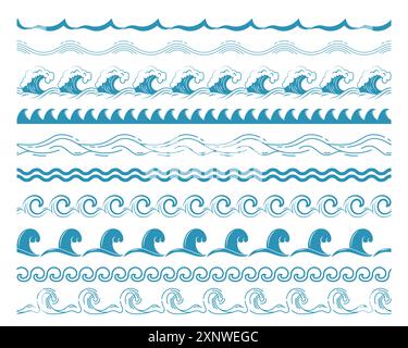 Meereswellen-Grenzen. Nahtlose Ozeanblaue Wellen, nautische horizontale Grenze für Musterpinsel, wellige Wasserspritzer. Abstrakte Symbole für Seesturm und Fluss. Isolierter Vektorsatz. Stock Vektor