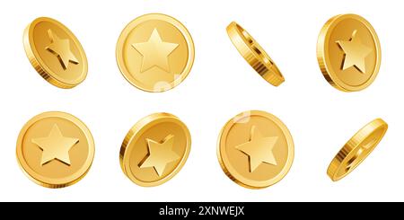 Goldene Münzen 3D. Spiel Goldmünze, Spiel Chip mit Sternform drehen sich um. Realistische Vektor-isolierte Geldelemente für Online-Glücksspiele, Casino-Preise und Anlagekonzept. Stock Vektor