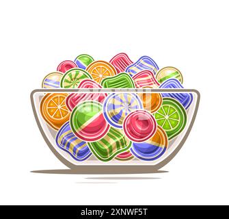 Vector Candy Bowl, dekoratives Poster mit Umrissillustration der mehrfarbigen Bonbonkomposition, süßer Druck mit Cartoon Design harte Bonbons und Bu Stock Vektor