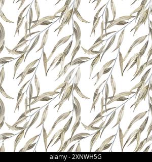Weidennahtloses Aquarellmuster, handgezeichnet mit staubigen grünen Blättern und Zweigen. Stockfoto