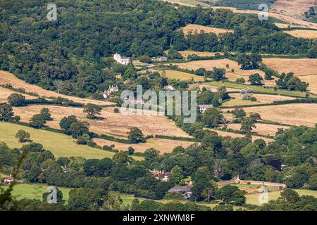 Ein langer Blick auf das Dorf Selworthy im Exmoor National Park, Somerset, England, Großbritannien Stockfoto