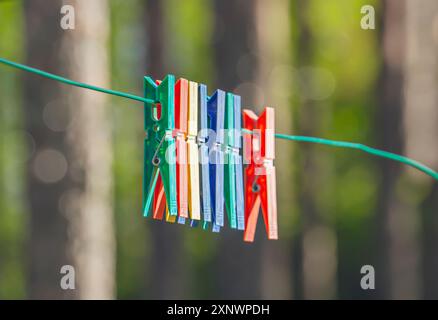 Farbige Kleiderschalen. Stifte hängen am Seil. Trocknen von Kleidung im Freien. Klammern für Kleidung in der Linie. Waschkonzept, Nahaufnahme, Weichzeichner Stockfoto