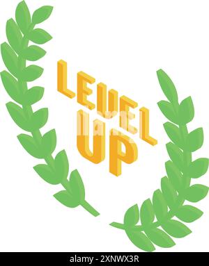 Laurel Cranath stellt eine 3D-isometrische Level-Up-Botschaft dar, die perfekt zur Illustration einer Leistung eines Videospiels ist Stock Vektor