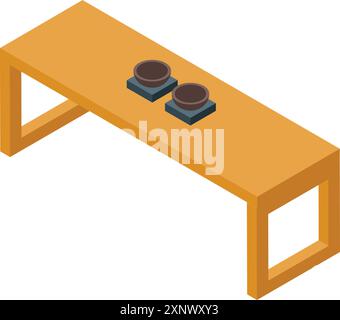 Zwei leere Schüsseln sitzen auf einem langen, modernen Tisch in isometrischer Sicht Stock Vektor