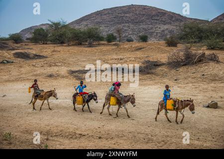 Junge Kinder, die auf Eseln zu einem Wasserloch in der Tiefebene von Eritrea reiten Copyright: MichaelxRunkel 1184-12024 nur redaktionelle Verwendung Stockfoto