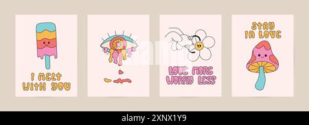 Valentinstag Cartoon Retro Groovy Karte, Poster. Hippie 90er Jahre Gänseblümchen, Herz, Eis, Pilze, Charaktere, quadratische psychedelische Vektorschablone. Stock Vektor