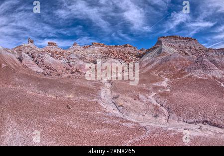 Zerbröckelnde Klippen einer mesa in der Nähe von Hamilili Point im versteinerten Wald, Arizona, USA, Nordamerika Stockfoto