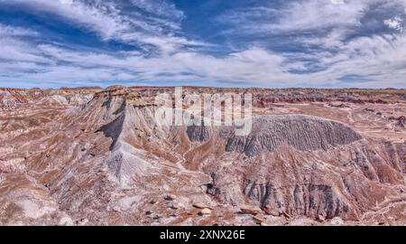 Ein Grau aus Bentonit, der von einem nahe gelegenen flachen mesa am südlichen Ende des Petrified Forest National Park, Arizona, USA, gesehen wird Stockfoto