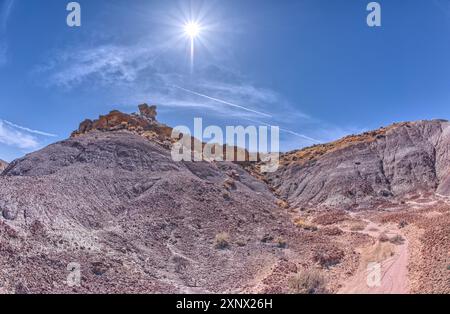 Blick von unten auf einen Bergrücken, der den Jim Camp Wash am südlichen Ende des Petrified Forest National Park in Arizona, Vereinigte Staaten von Amerika überblickt Stockfoto