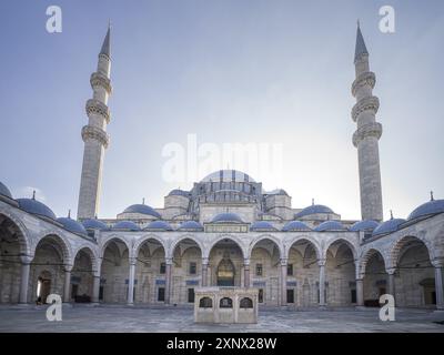 Der Innenplatz der Suleymaniye Camii Moschee mit zwei Minaretten am frühen Morgen, UNESCO-Weltkulturerbe, Istanbul, Türkei, Europa Stockfoto