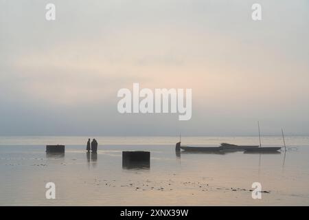 Fischer, die sich auf die Fischernte am nebligen Morgen vorbereiten, Rozmberk Teich, UNESCO Biosphäre, Trebon, Jindrichuv Hradec Bezirk, Südböhmische Region Stockfoto