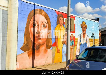 Geschichte der Einwanderung, restauriertes Wandbild von Simon Huelsbeck, Callowhill und 2nd Streets, Philadelphia, Commonwealth of Pennsylvania Stockfoto