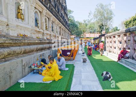 Blumenopfer und Gläubige im Klosterweg des buddhistischen Mahabodhi Mahabihara Tempels (große Stupa), Bodh Gaya, UNESCO, Bihar, Indien Stockfoto