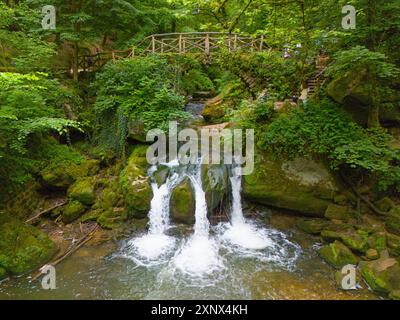 Ein beeindruckender Wasserfall im Wald unter einer Brücke mit dichten grünen Pflanzen und Felsen, Luftsicht, Wasserfall Schiessentuempel, Scheissendempel Stockfoto