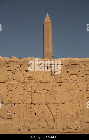 Wandreliefs im Vordergrund, Obelisk von Thutmose I. im Hintergrund, Karnak Tempelkomplex, UNESCO-Weltkulturerbe, Luxor, Ägypten, Nordafrika Stockfoto