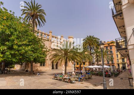 Blick auf Café und Llotja de Palma in Placa de la Llotja, Palma de Mallorca, Mallorca, Balearen, Spanien, Mittelmeerraum, Europa Stockfoto