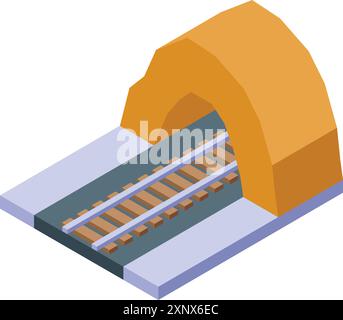 Isometrisches Eisenbahntunnel-Symbol, Zugeinfahrt durch den Tunnel durch die Berglandschaft Illustration Stock Vektor