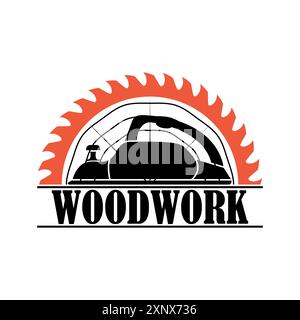 Holzbearbeitung und Sägewerk-Logo. Elektrohobel mit Kreissägeblatt für Holz. Schwarze Silhouette. Isolierter Vektor-Clipart. Zeichnung auf weißem Hintergrund Stock Vektor