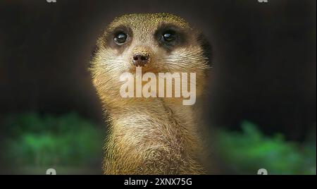 Nahporträt eines Erdmännchens (Suricata suricatta) mit dunklem Hintergrund und grünem Laub. Weißrussland Stockfoto