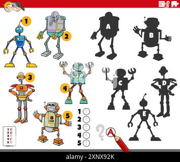 Cartoon-Illustration zur Suche nach den richtigen Schatten zu den Bildern Bildungsaktivität mit Robotercharakteren Stock Vektor