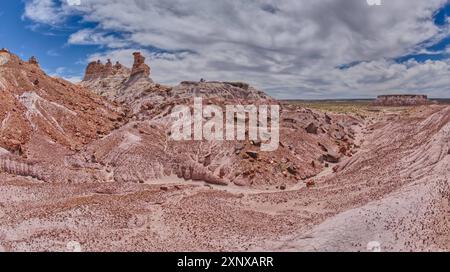 Hoodoo-Spitzen ragen über dem Tal unterhalb der Südseite von Blue Mesa im Petrified Forest National Park, Arizona, Vereinigte Staaten von Amerika, North am Stockfoto