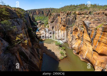 Canyon mit steilen orangefarbenen Klippen mit dem Blyde River, Bourke's Luck Potholes, Panorama Route, Mpumalanga, Südafrika Stockfoto