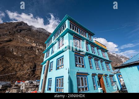 Türkisfarbenes Hotel und Berghütte von lang Tang Village, Himalaya, Nepal, Asien Copyright: CasparxSchlageter 1372-444 Stockfoto