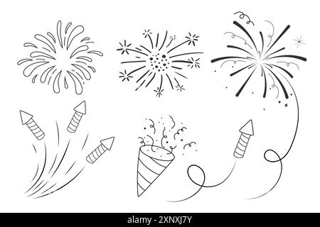 Feuerwerk und Rakete, Salute mit Explosion, Licht und festliche Explosionen im Doodle-Stil. Handgezeichnete Funken, Feuerwerkskörper auf weißem Hintergrund. Party, Feiern, Veranstaltung. Vektorabbildung Stock Vektor